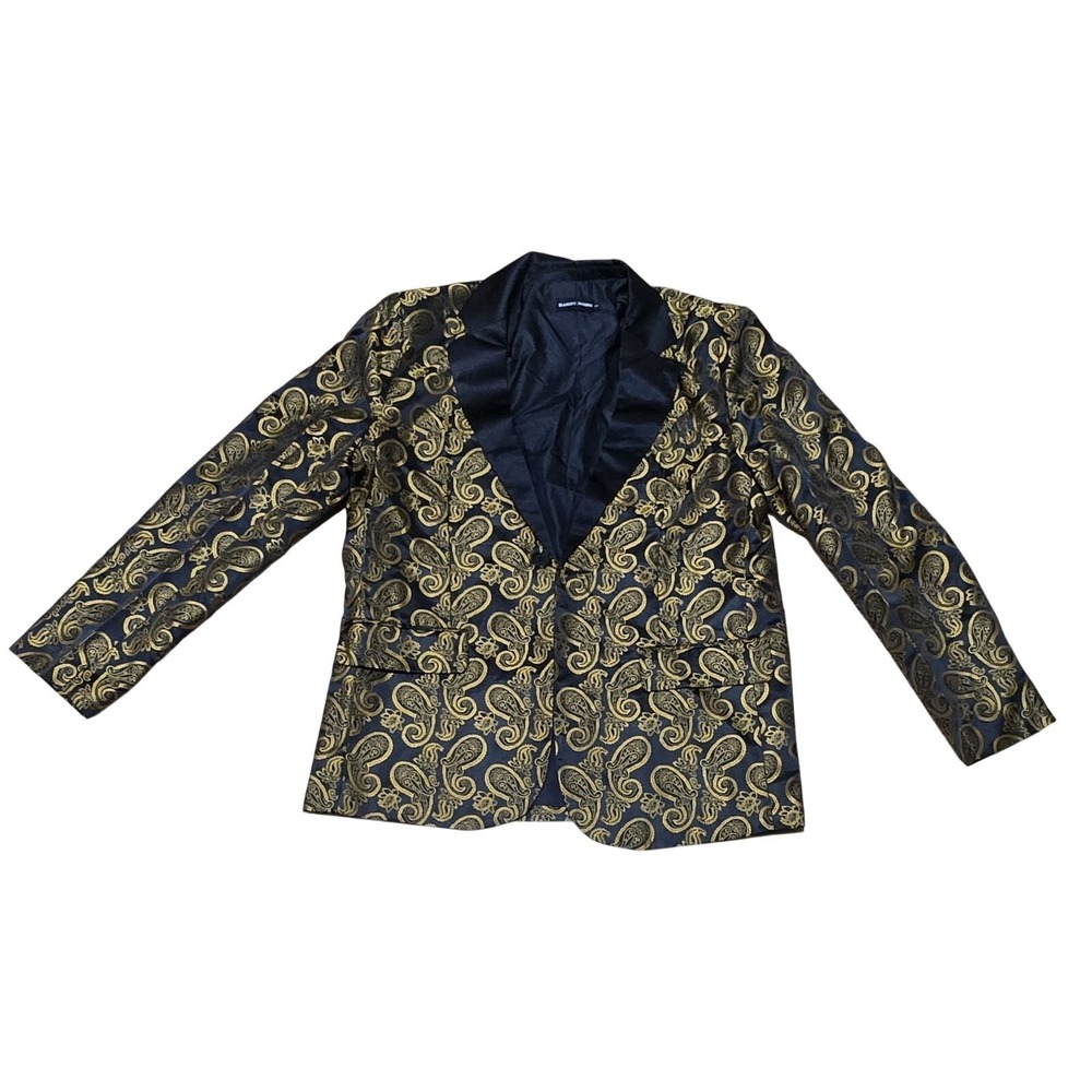 Barry Wang Blazer Mens Small Black‎ Gold Paisley Jacquard Suit Jacket Sport Coat